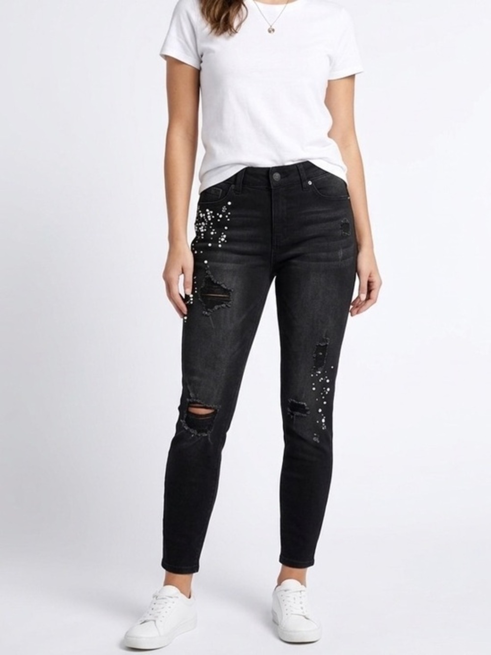 New BLUE SPICE Black Bedazzle Distressed Skinny Jeans Ankle Size 5 Cotton Blend